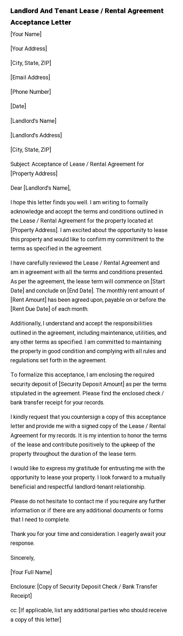 Landlord And Tenant Lease / Rental Agreement Acceptance Letter