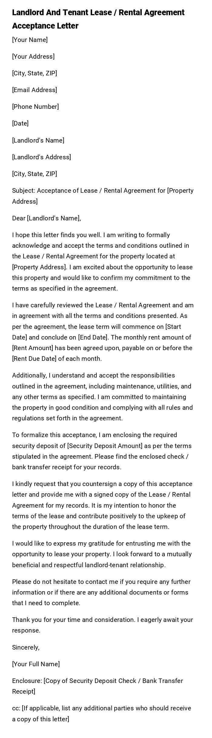 Landlord And Tenant Lease / Rental Agreement Acceptance Letter