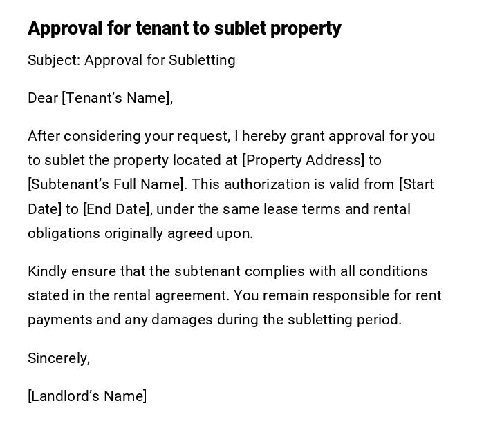 Approval for tenant to sublet property