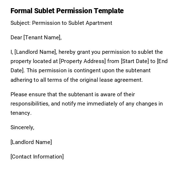 Formal Sublet Permission Template