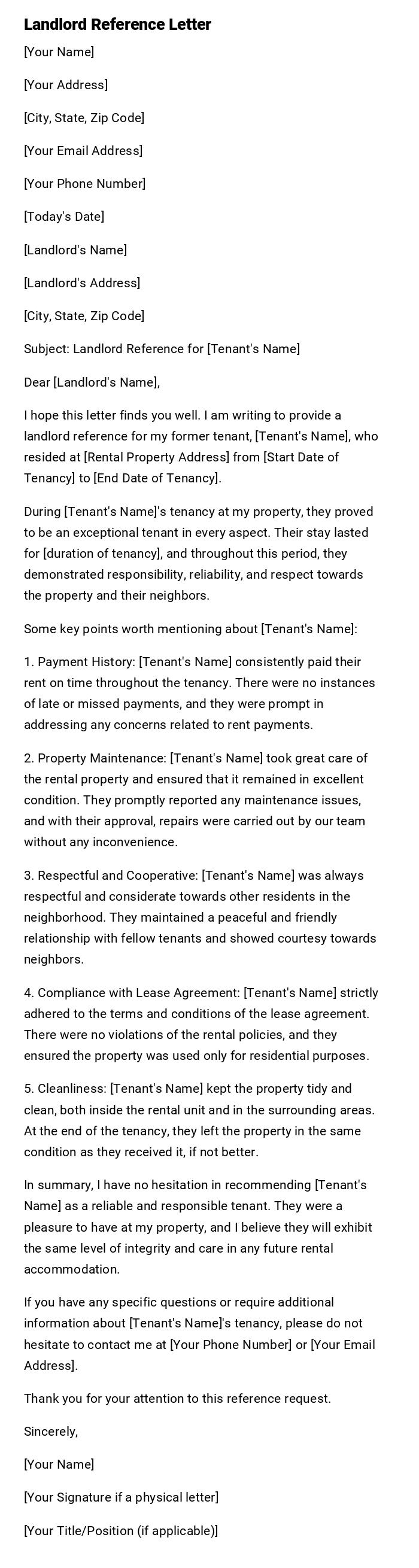 Landlord Reference Letter