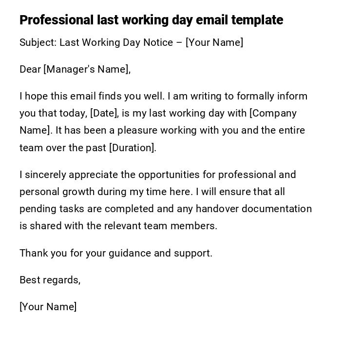 Professional last working day email template Professional last working day email template