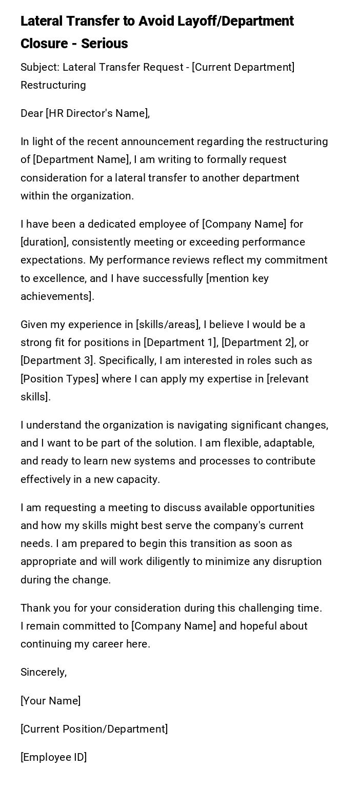 Lateral Transfer to Avoid Layoff/Department Closure - Serious Lateral Transfer to Avoid Layoff/Department Closure - Serious