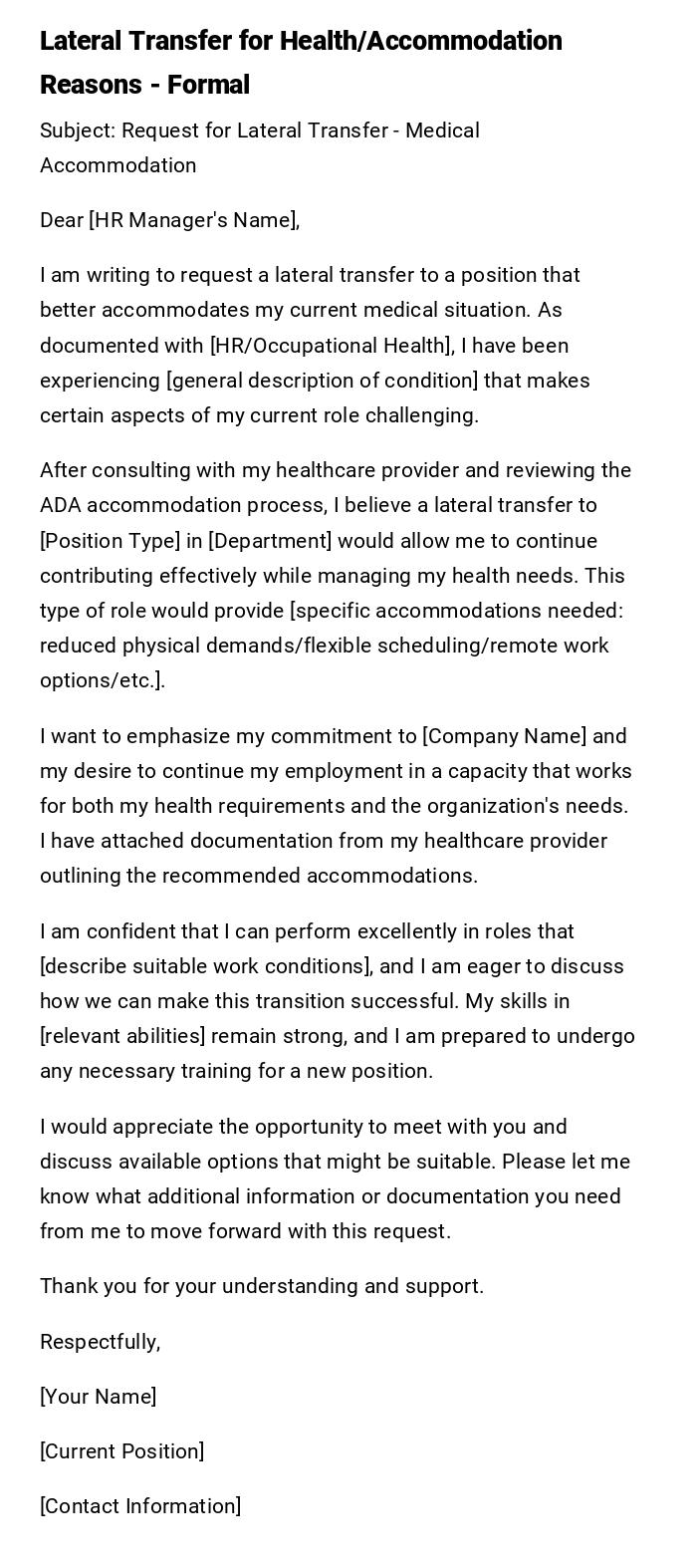 Lateral Transfer for Health/Accommodation Reasons - Formal Lateral Transfer for Health/Accommodation Reasons - Formal