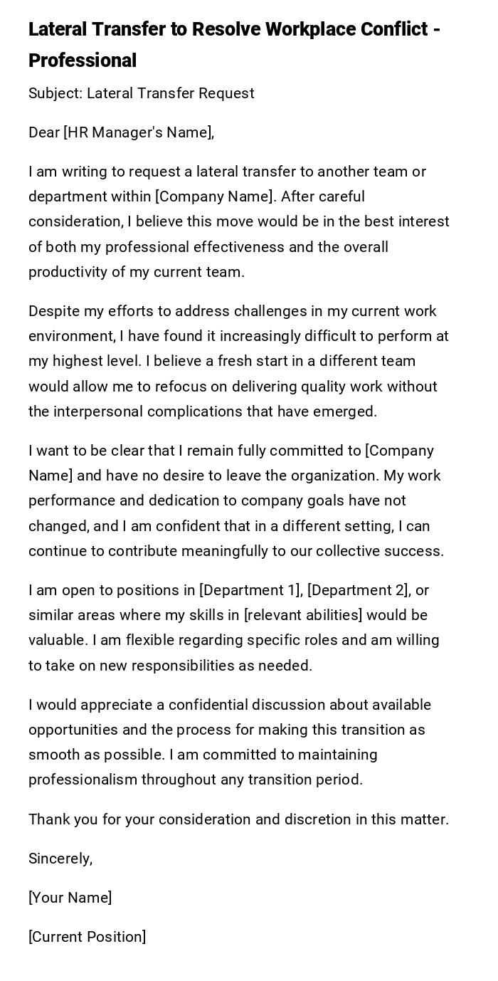 Lateral Transfer to Resolve Workplace Conflict - Professional Lateral Transfer to Resolve Workplace Conflict - Professional