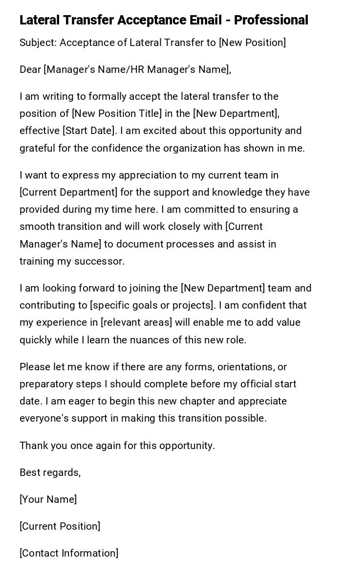 Lateral Transfer Acceptance Email - Professional Lateral Transfer Acceptance Email - Professional