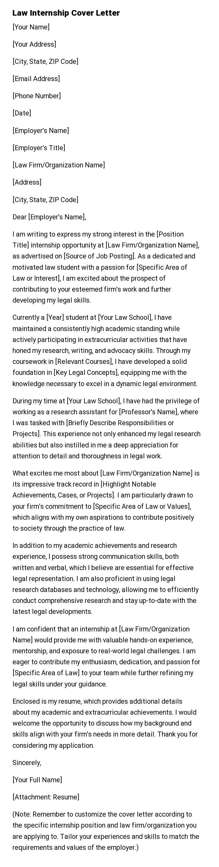 Law Internship Cover Letter