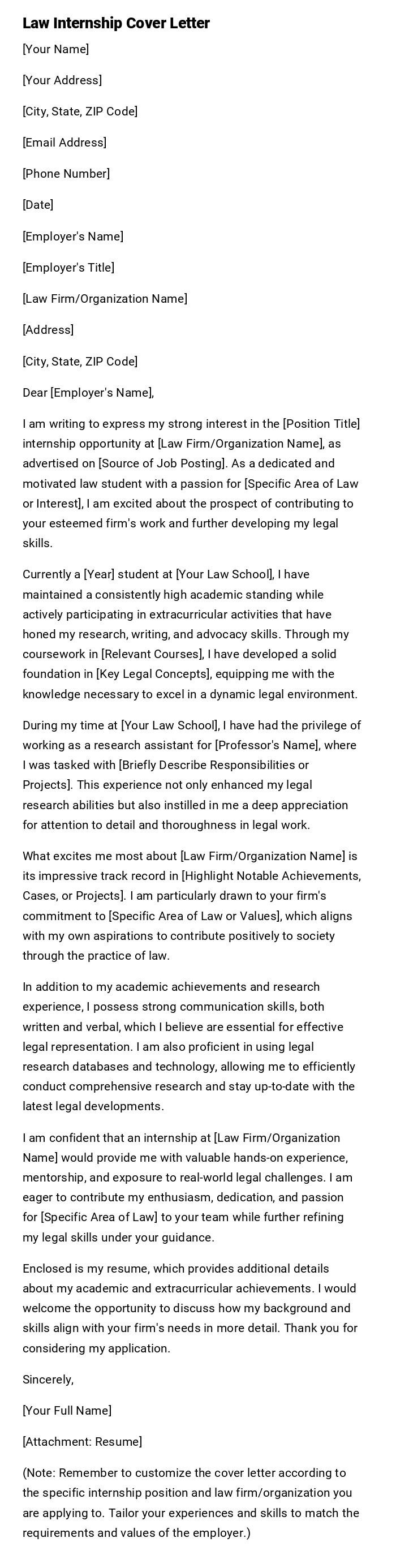 Law Internship Cover Letter