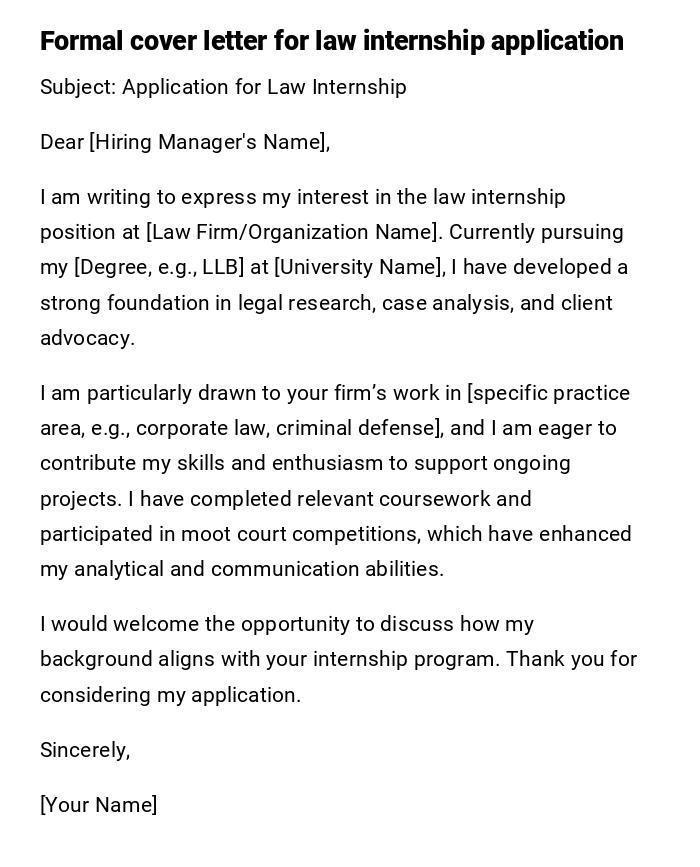 Formal cover letter for law internship application Formal cover letter for law internship application