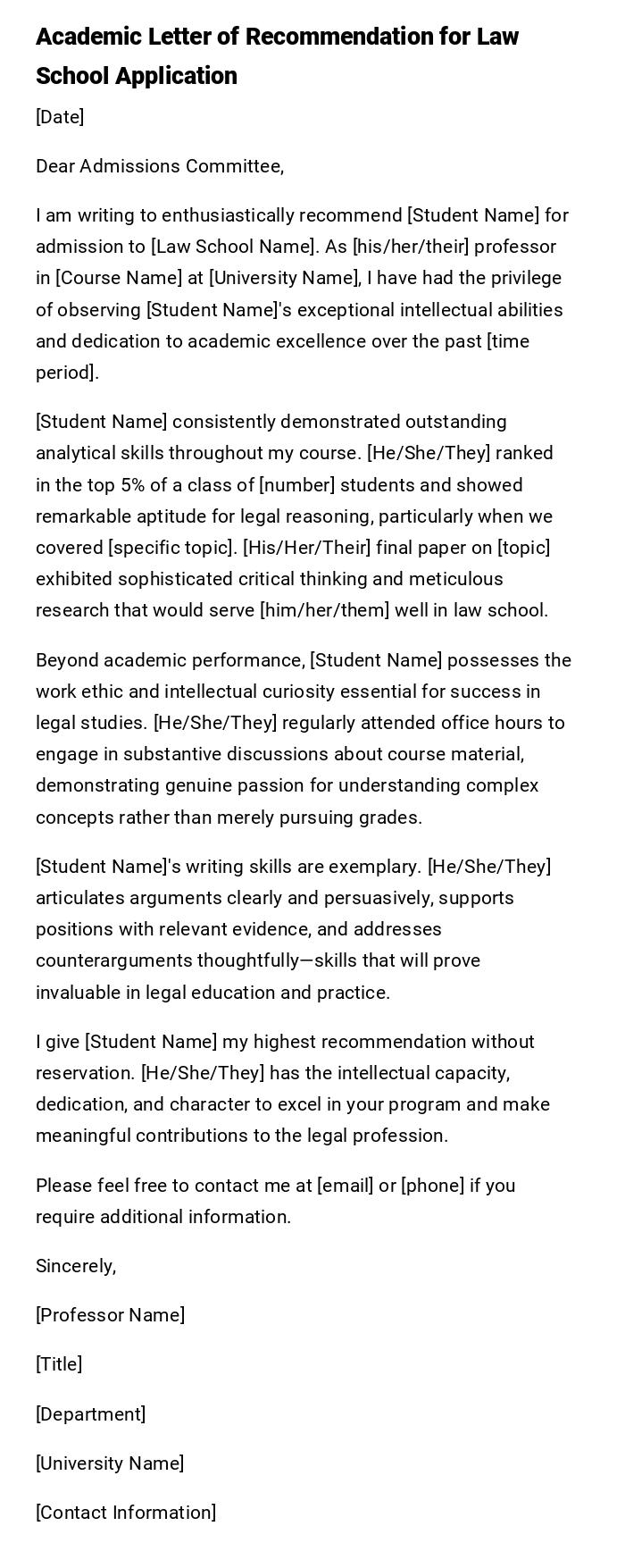 Academic Letter of Recommendation for Law School Application