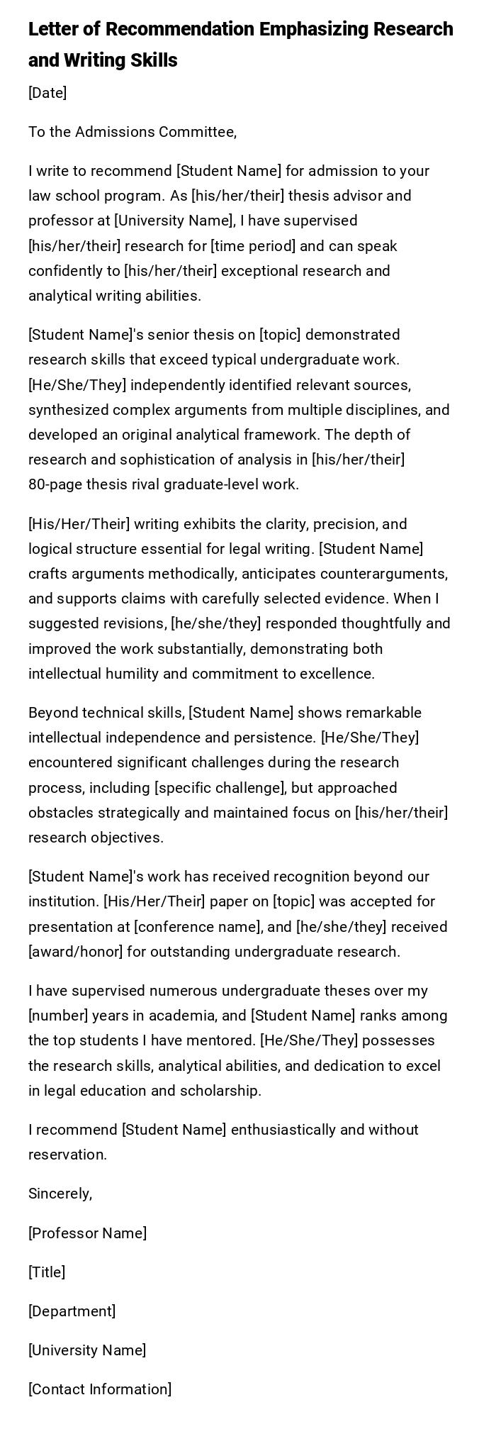 Letter of Recommendation Emphasizing Research and Writing Skills