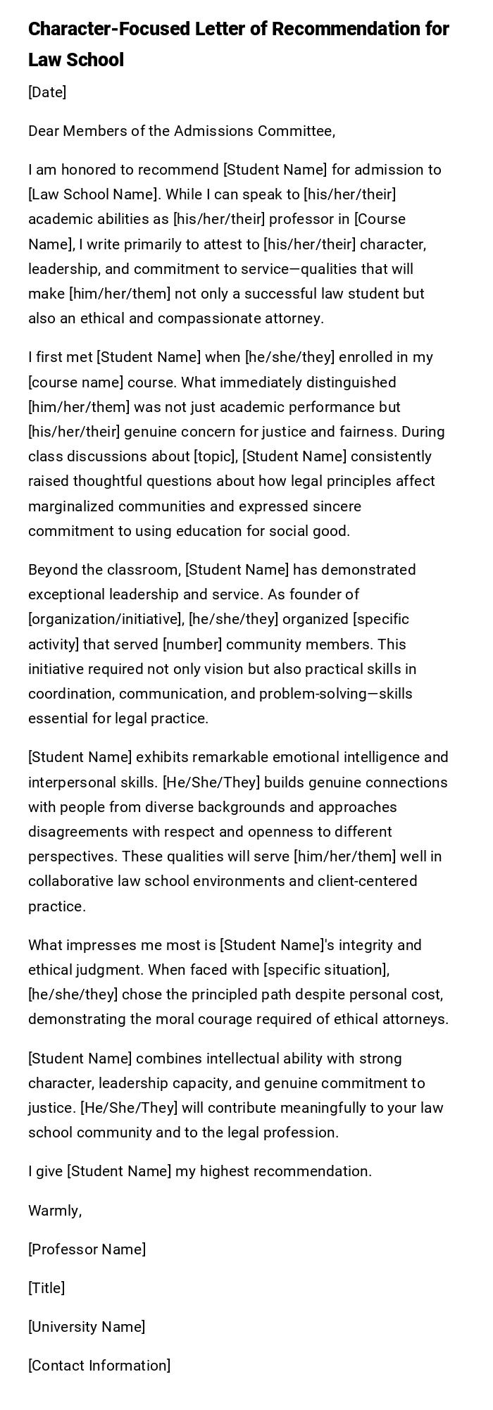 Character-Focused Letter of Recommendation for Law School