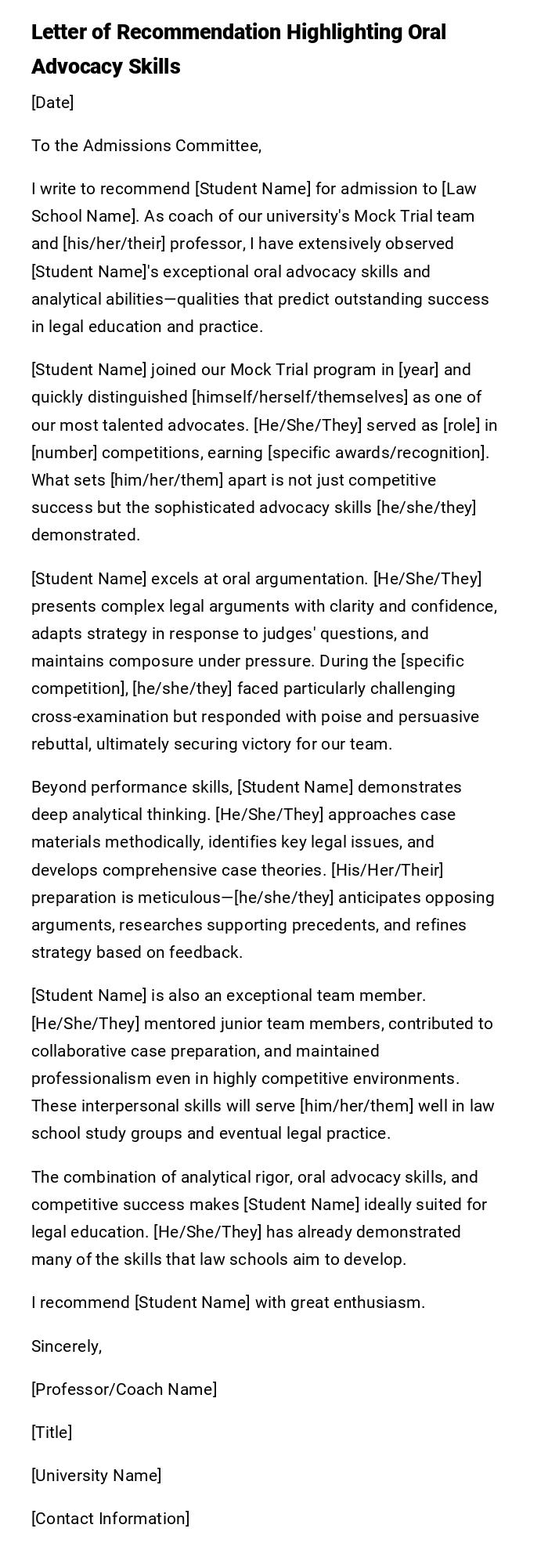 Letter of Recommendation Highlighting Oral Advocacy Skills