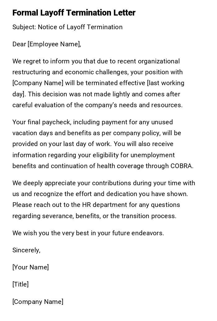 Formal Layoff Termination Letter Formal Layoff Termination Letter