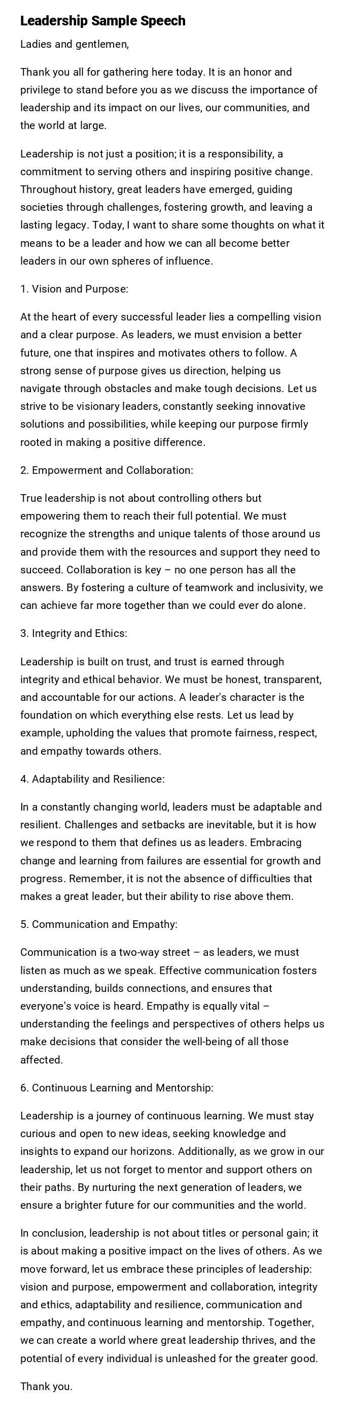 Leadership Sample Speech