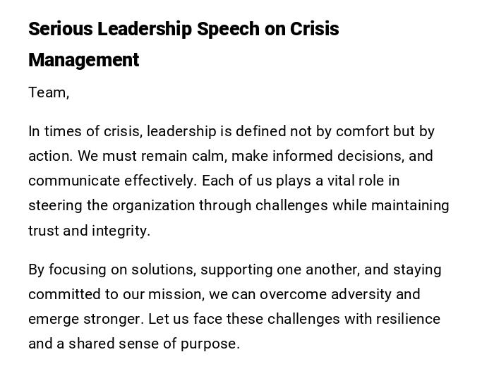 Serious Leadership Speech on Crisis Management Serious Leadership Speech on Crisis Management