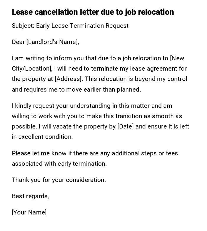 Lease cancellation letter due to job relocation