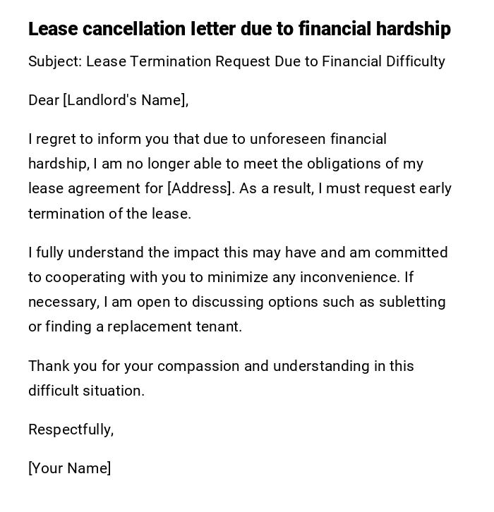 Lease cancellation letter due to financial hardship