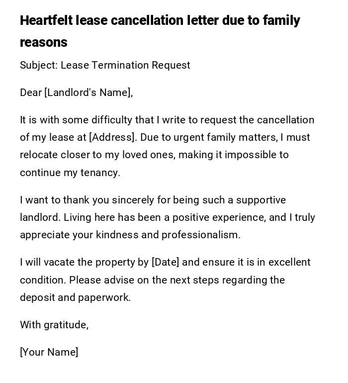 Heartfelt lease cancellation letter due to family reasons