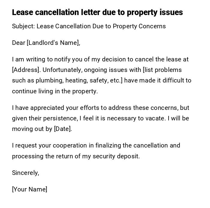 Lease cancellation letter due to property issues
