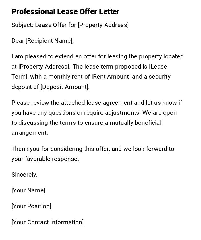 Professional Lease Offer Letter Professional Lease Offer Letter