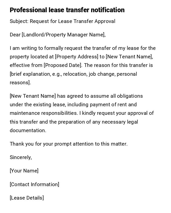 Professional lease transfer notification