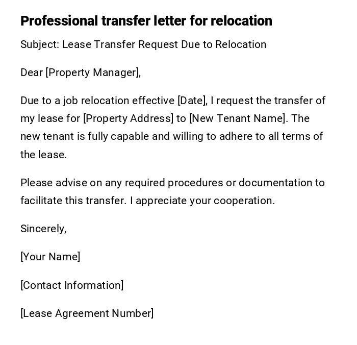 Professional transfer letter for relocation