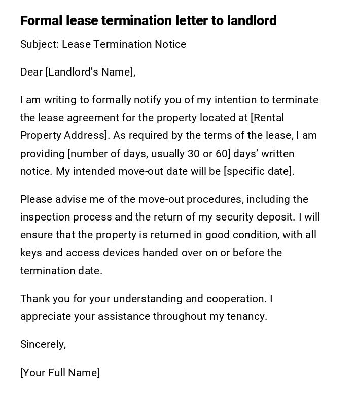 Formal lease termination letter to landlord Formal lease termination letter to landlord