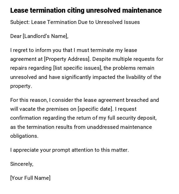 Lease termination citing unresolved maintenance Lease termination citing unresolved maintenance