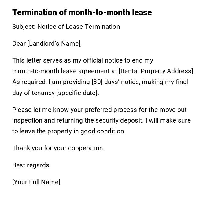Termination of month-to-month lease Termination of month-to-month lease