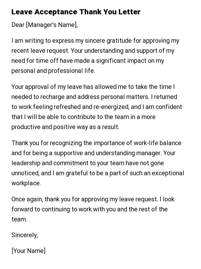 Leave Acceptance Thank You Letter