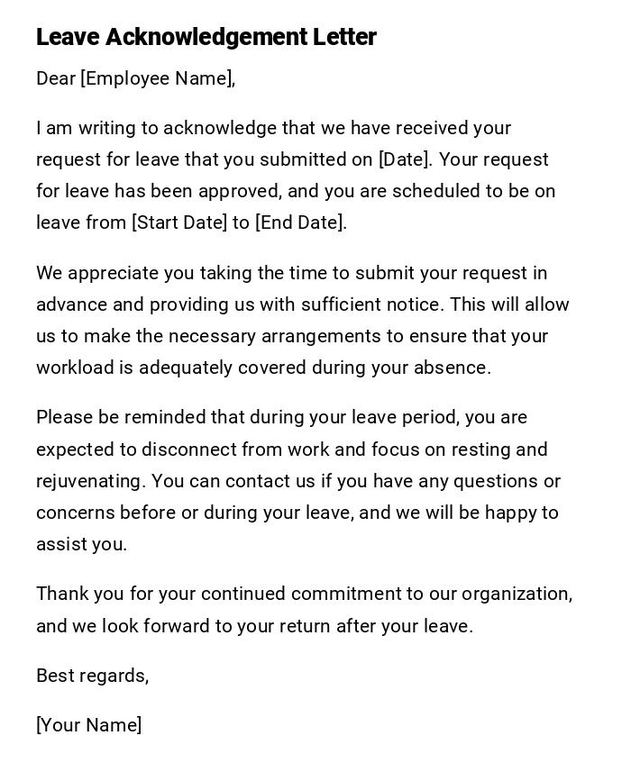 Leave Acknowledgement Letter Leave Acknowledgement Letter