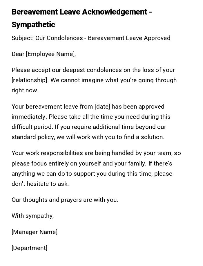 Bereavement Leave Acknowledgement - Sympathetic Bereavement Leave Acknowledgement - Sympathetic