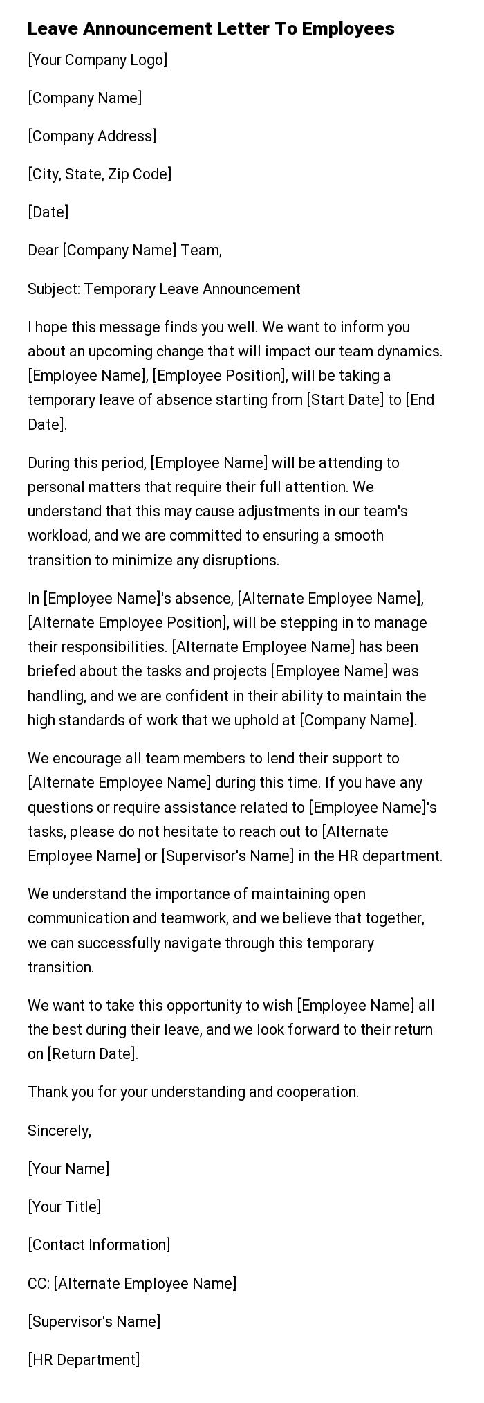 Leave Announcement Letter To Employees
