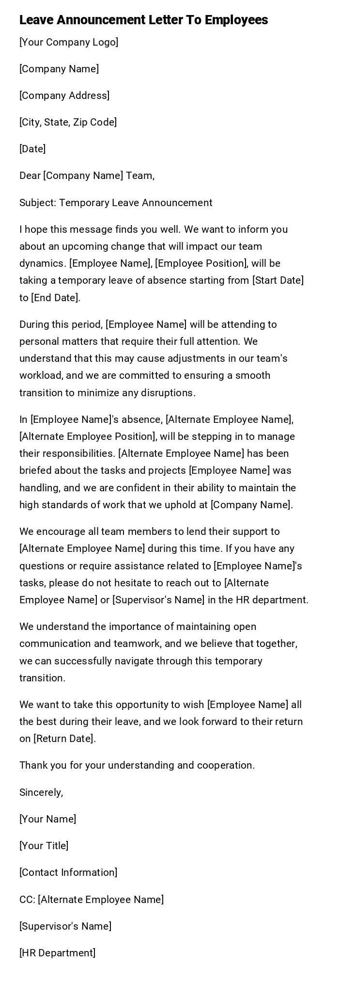 Leave Announcement Letter To Employees