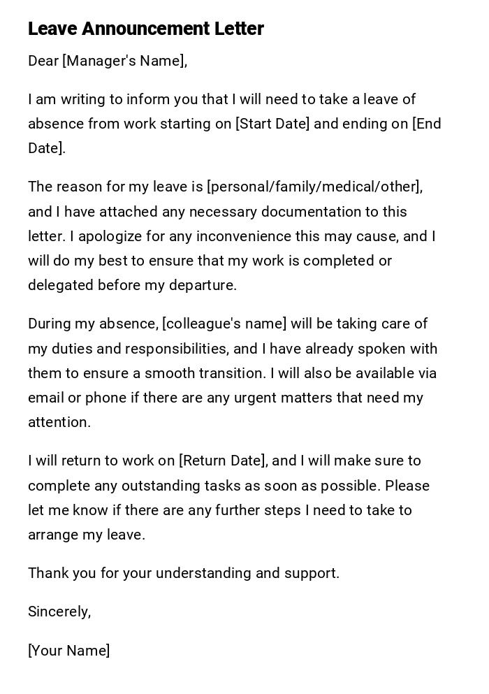 Leave Announcement Letter Leave Announcement Letter
