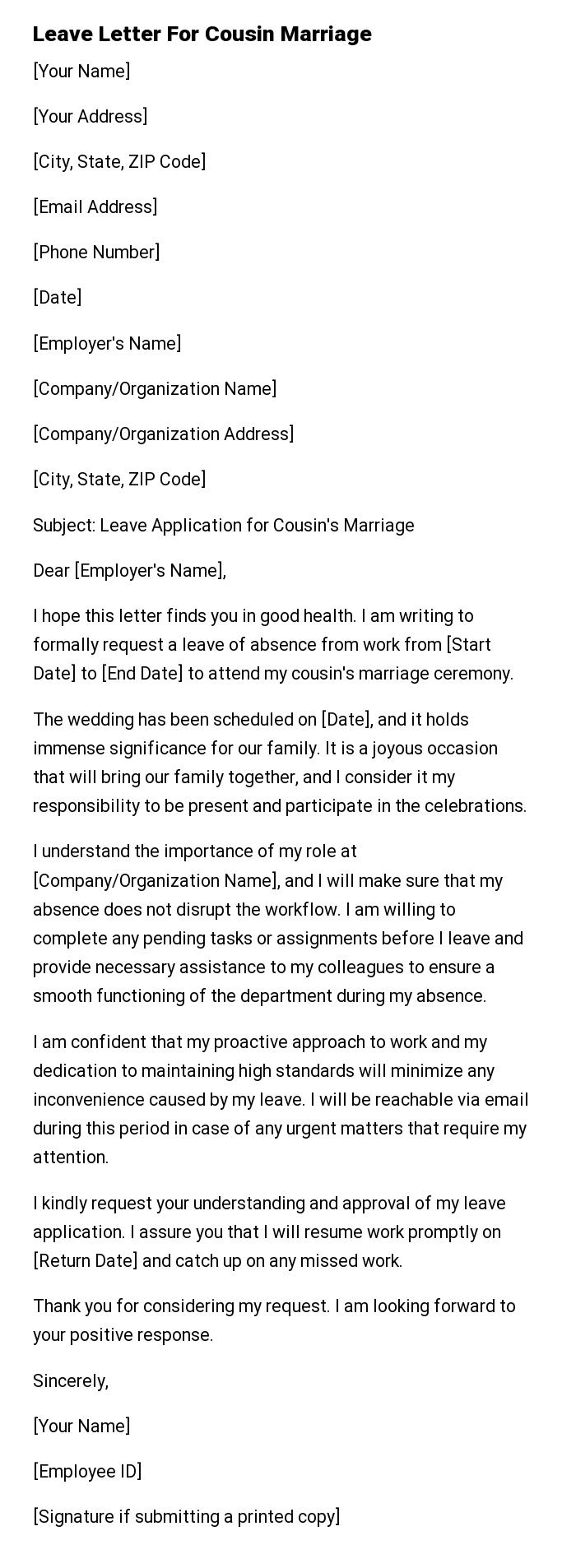 Leave Letter For Cousin Marriage