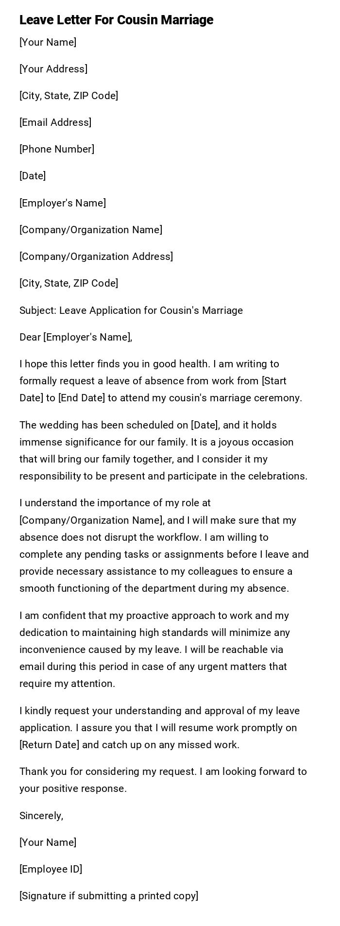 Leave Letter For Cousin Marriage