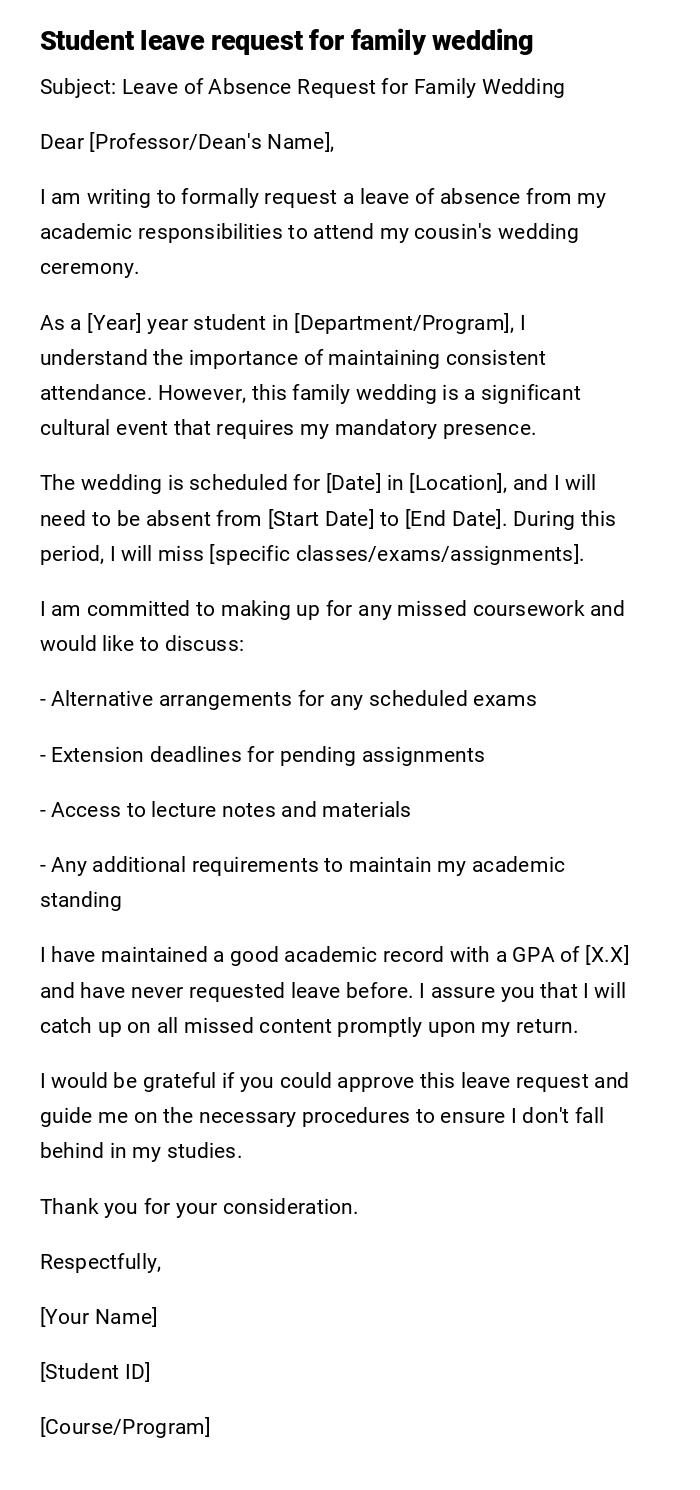 Student leave request for family wedding Student leave request for family wedding