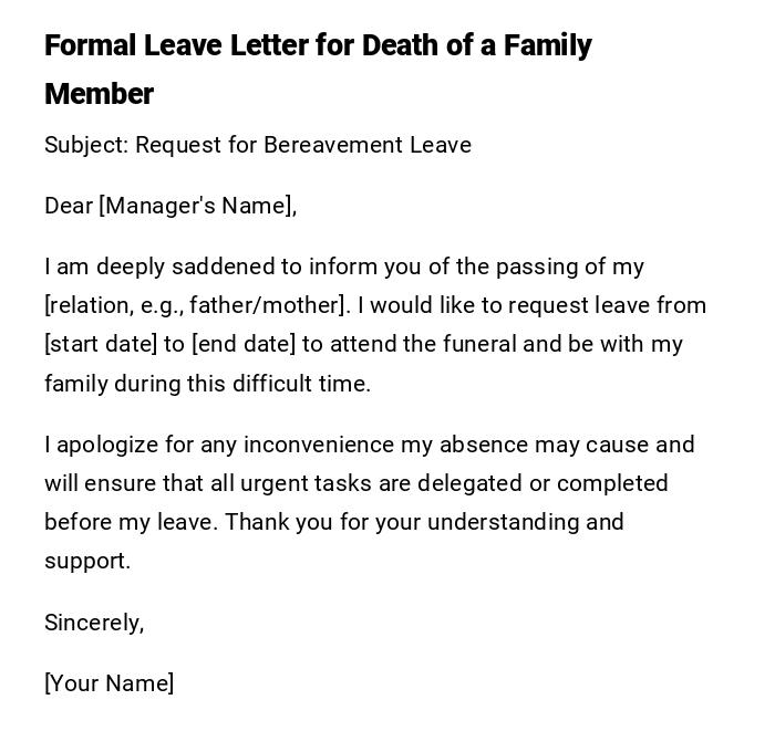 Formal Leave Letter for Death of a Family Member Formal Leave Letter for Death of a Family Member