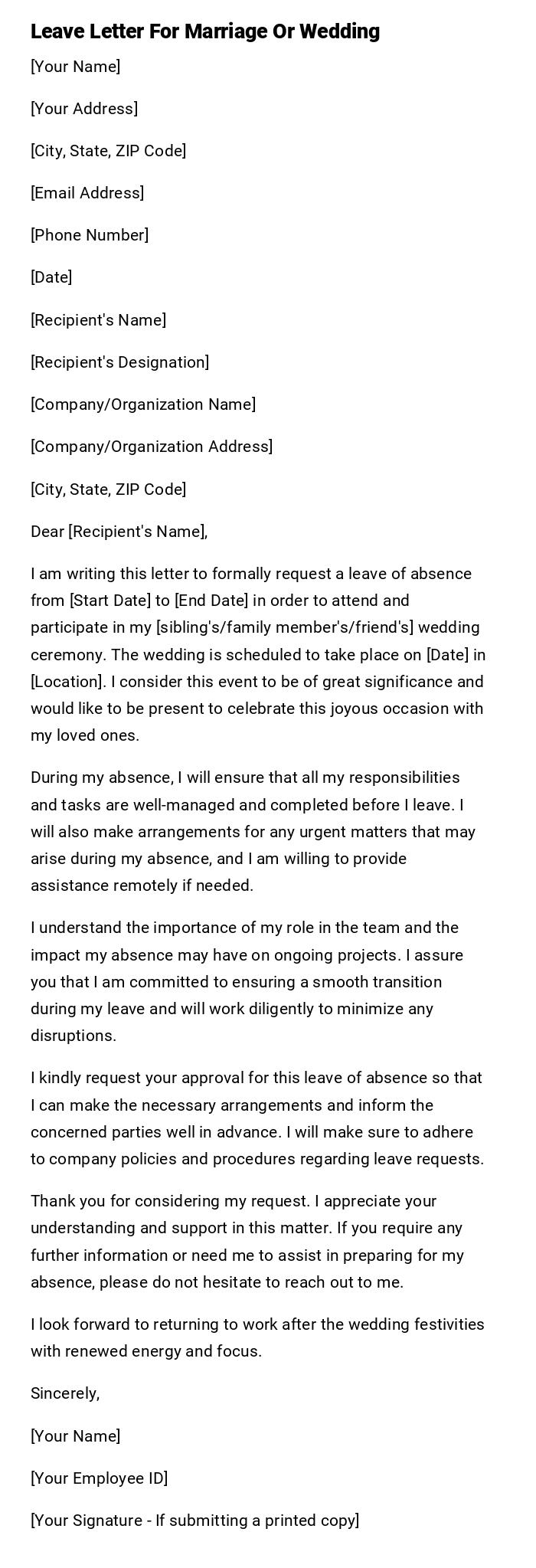 Leave Letter For Marriage Or Wedding