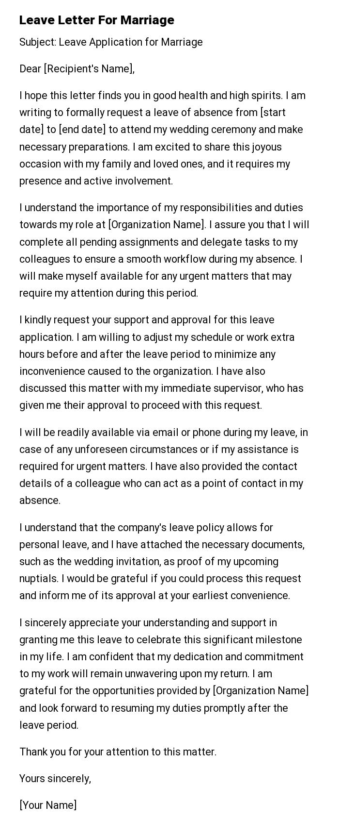 Leave Letter For Marriage