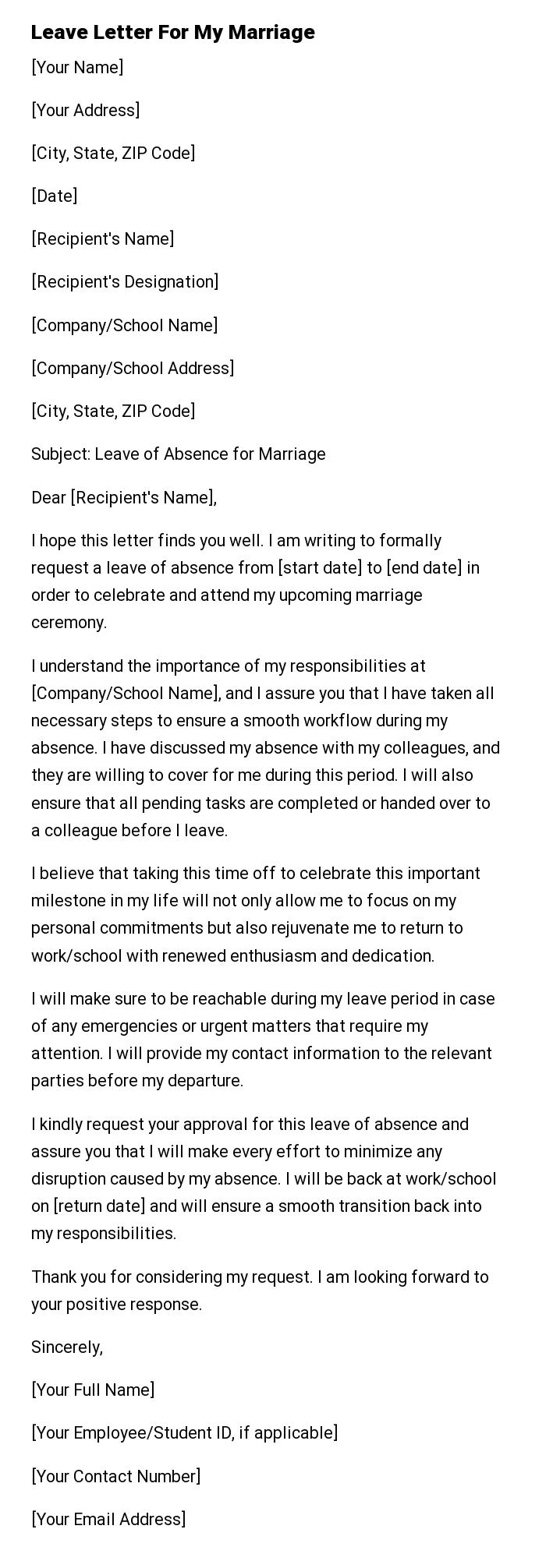 Leave Letter For My Marriage