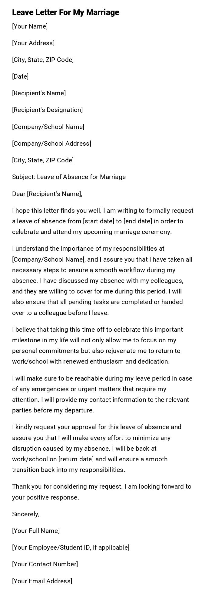 Leave Letter For My Marriage