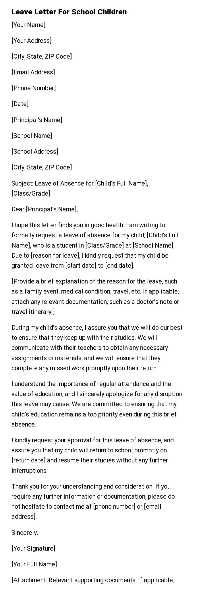Leave Letter For School Children