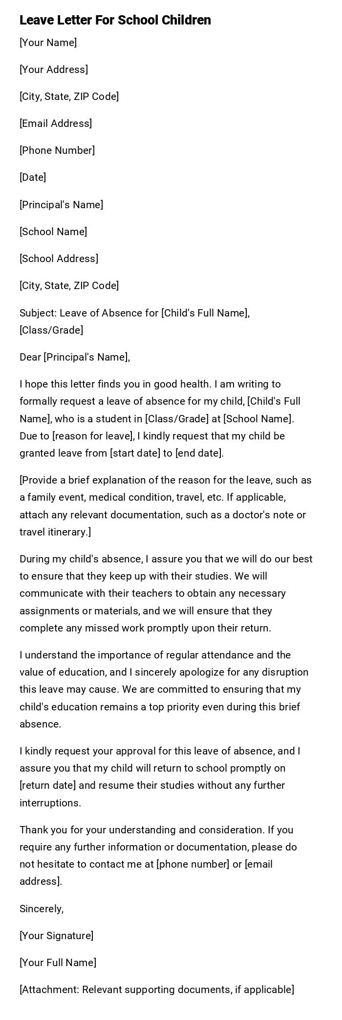 Leave Letter For School Children