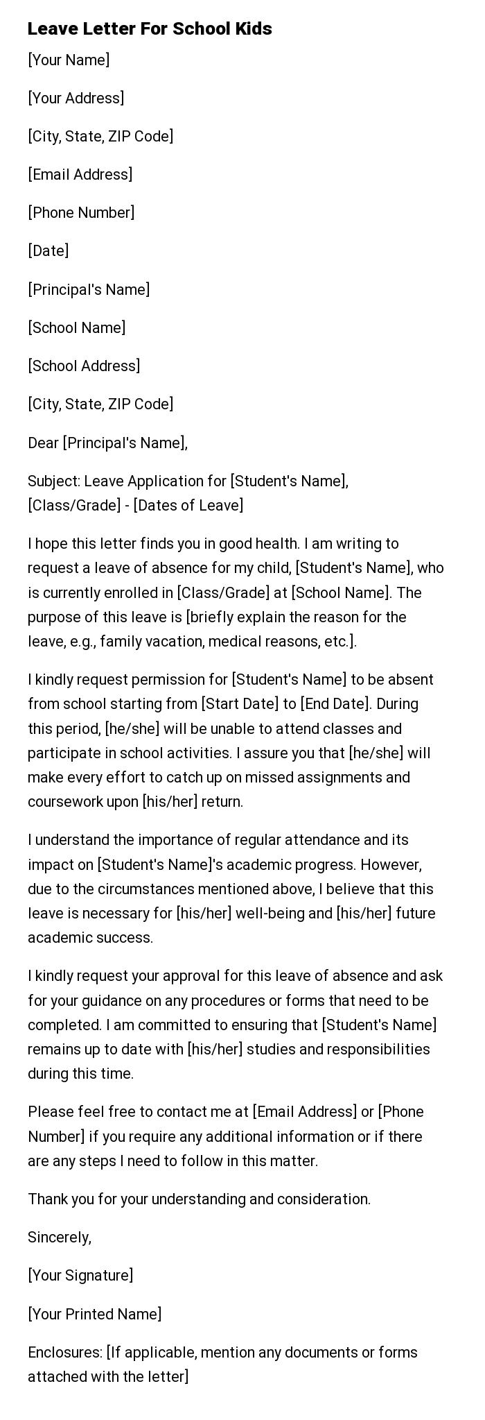 Leave Letter For School Kids