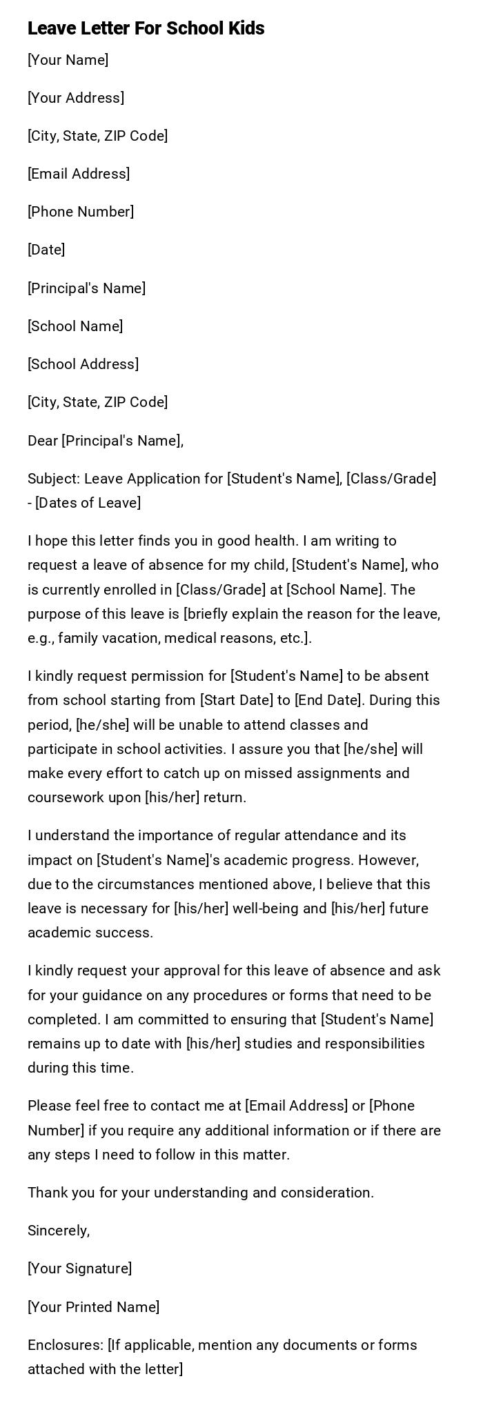 Leave Letter For School Kids