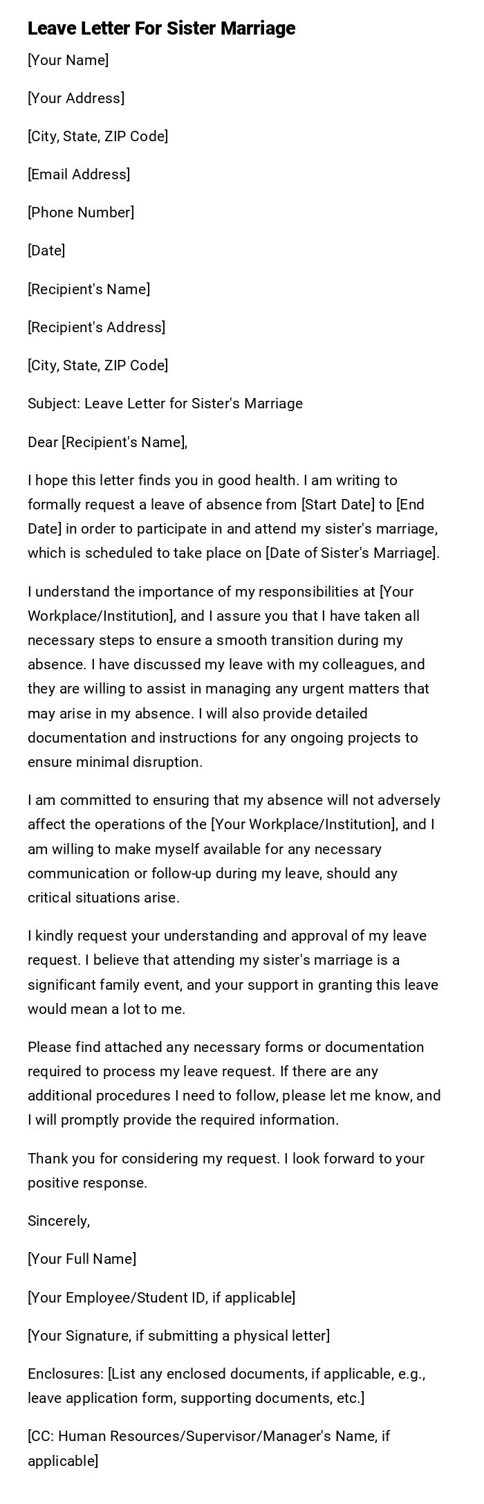 Leave Letter For Sister Marriage