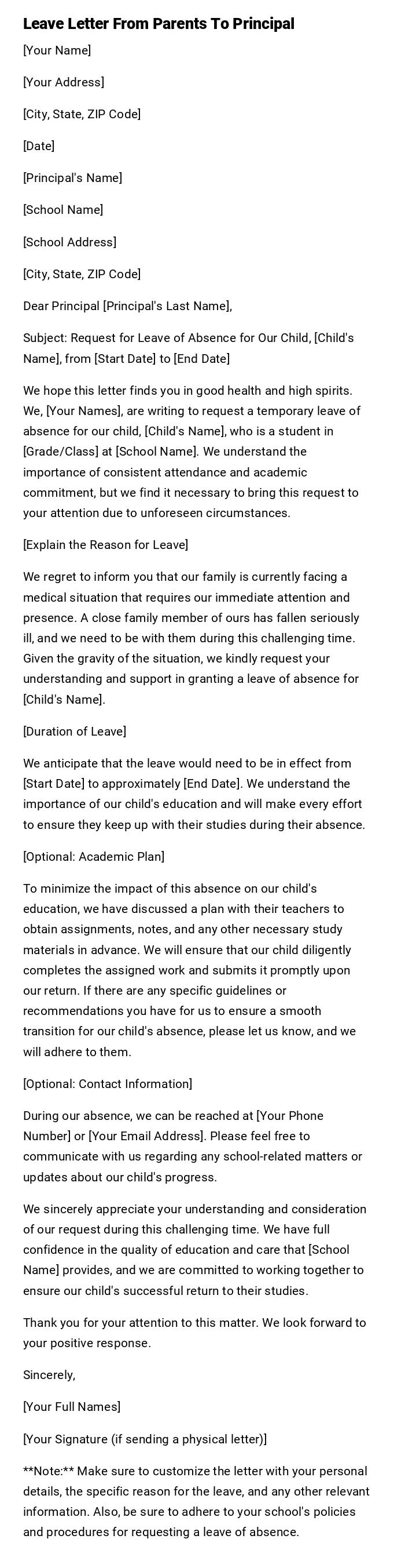 Leave Letter From Parents To Principal